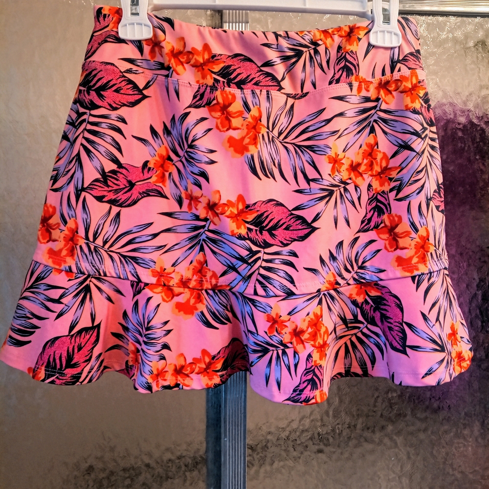 Women's Pink Tropical Print Ruffle Mini Skirt